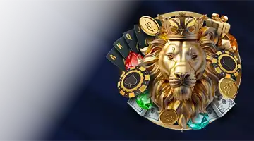 Graphic of a majestic lion adorned with a crown and surrounded by chips and cards, symbolizing the welcome bonus at Lev Online Casino for new players.