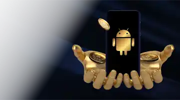 Illustration of golden hands holding a smartphone with an Android logo, representing the mobile app bonus at Lev Internet Casino.