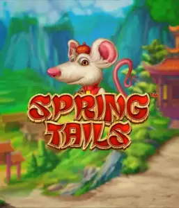 A whimsical illustration of a mouse wearing a red traditional Chinese outfit positioned in front of a vibrant mountain backdrop. The image represents the Spring Tails Slot by Betsoft, highlighted with prominent gold and red logo text.