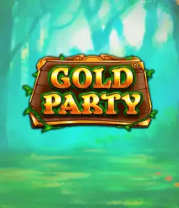 Enter the magical forest of the Gold Party game by Pragmatic Play, featuring a rustically styled wooden sign decorated with golden letters. The setting is a green forest which adds a sense of mystery to the overall ambiance. Great for those who enjoy enchanted forest settings, promising a whimsical adventure. 