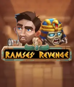 Explore the ancient world of Ramses' Revenge slot by Relax Gaming, showcasing a frightened explorer and a terrifying mummy set against an Egyptian tomb backdrop. This graphic depicts the drama of ancient Egyptian myths, perfect for fans of Egyptian-themed slots, offering a gripping escape. 